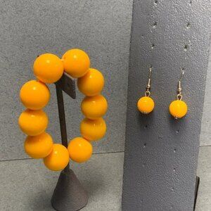 Stretch Bracelet Dangle Earrings Set Retro Yellow Round Bead Silver Hook Retro
